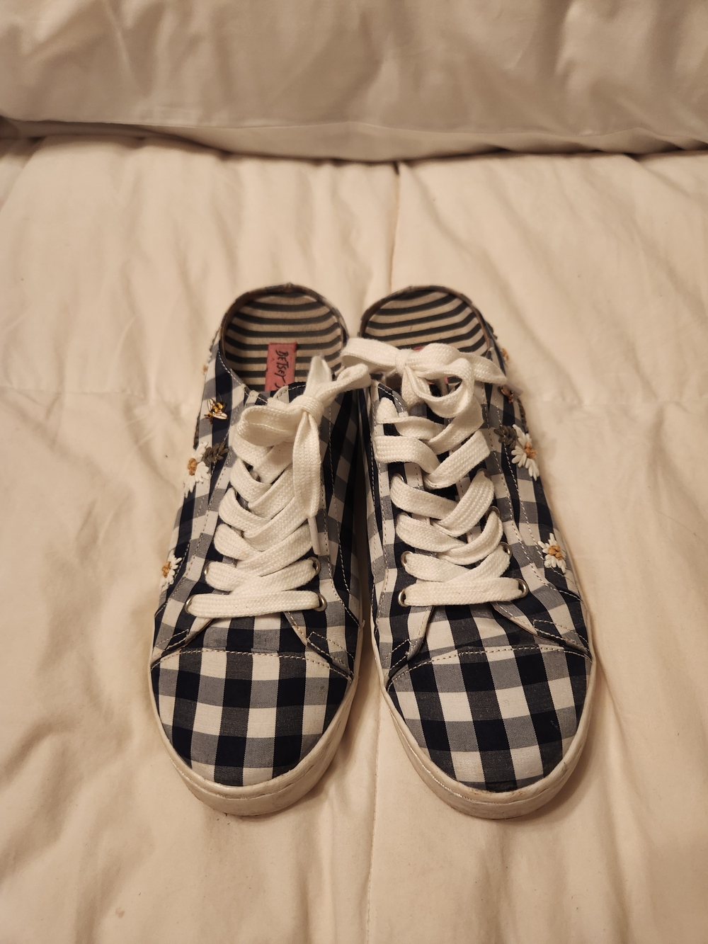 Betsey Johnson Navy and White Gingham Daisy Slides